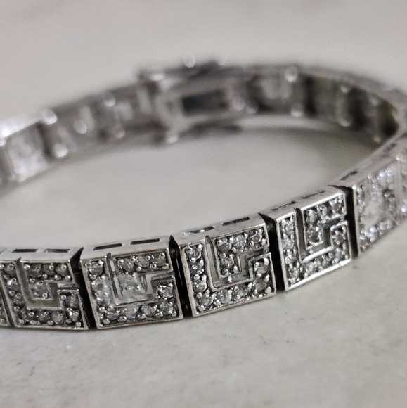 Sterling Silver and Clear Crystals Bracelet with Geometric Greek Key Design - Picture 3 of 16